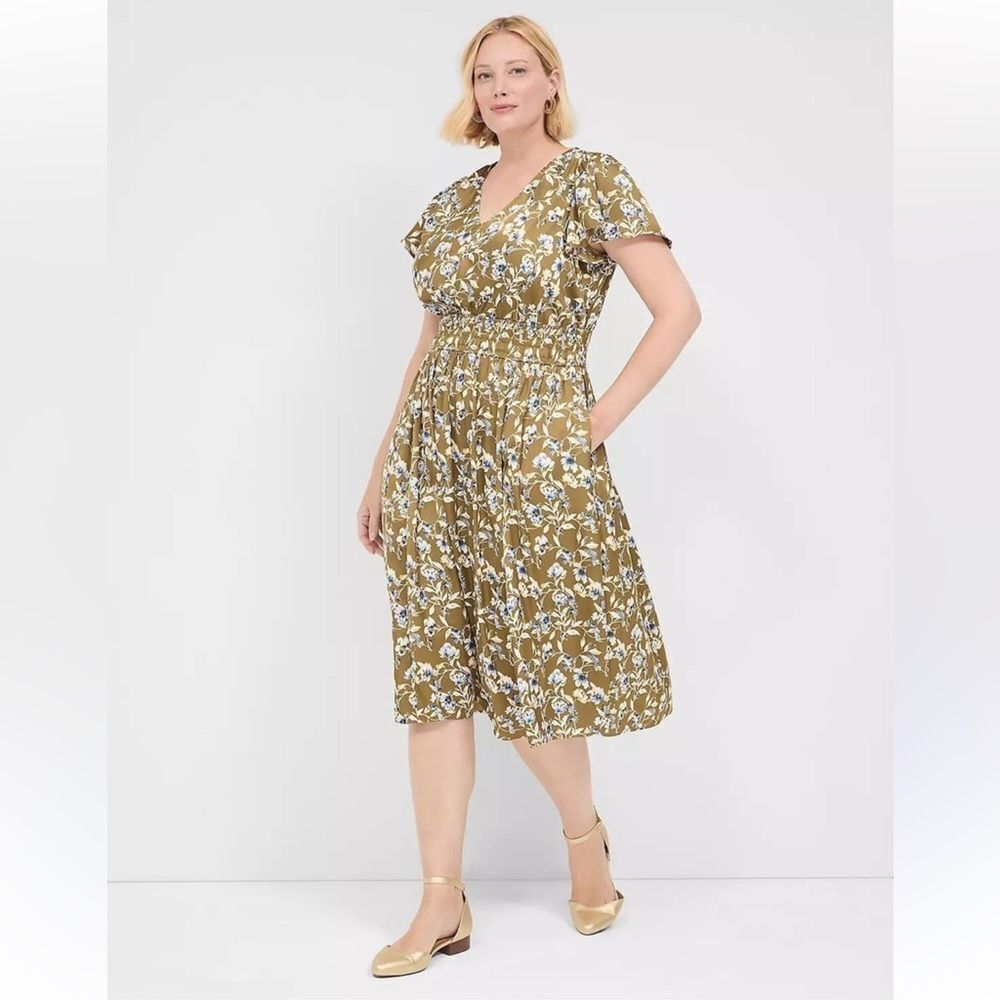 Lane Bryant Satin Flutter-Sleeve Elastic-Waist Midi Dress